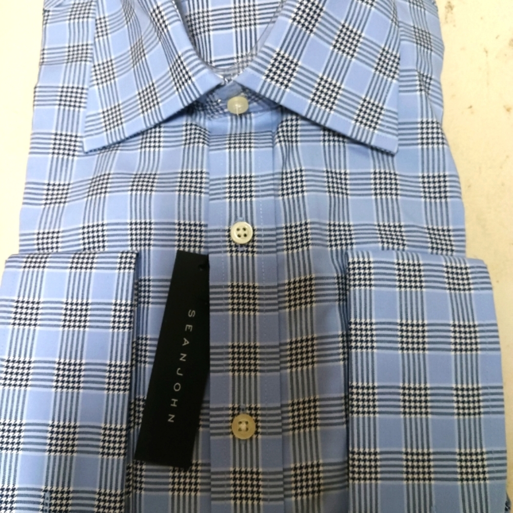 Sean John Blue and Black Plaid Cufflink Dress Shirt Size 17.5x36/37